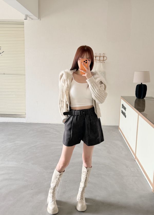 大翻領帽子毛毛針織外套 