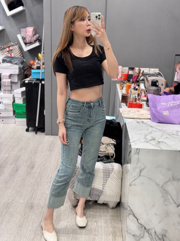 顯瘦反折直筒牛仔褲 