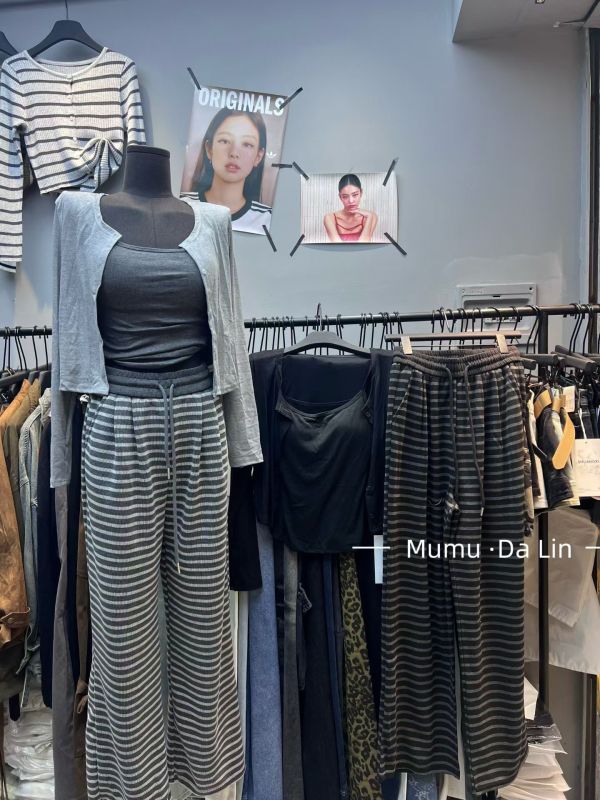 胸墊背心條紋長褲三件套 