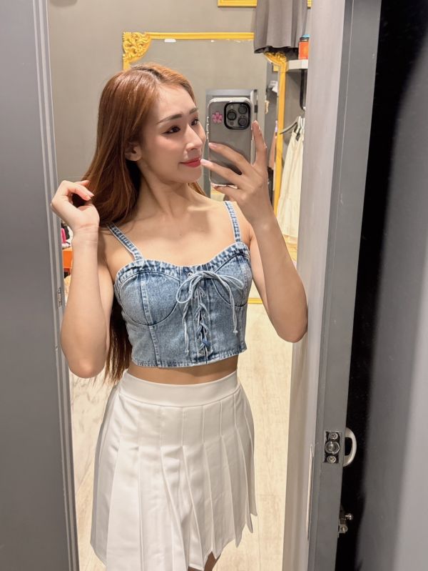 牛仔綁帶短版背心 