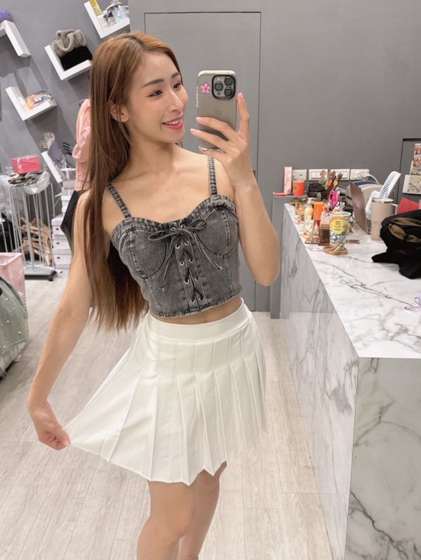 牛仔綁帶短版背心 