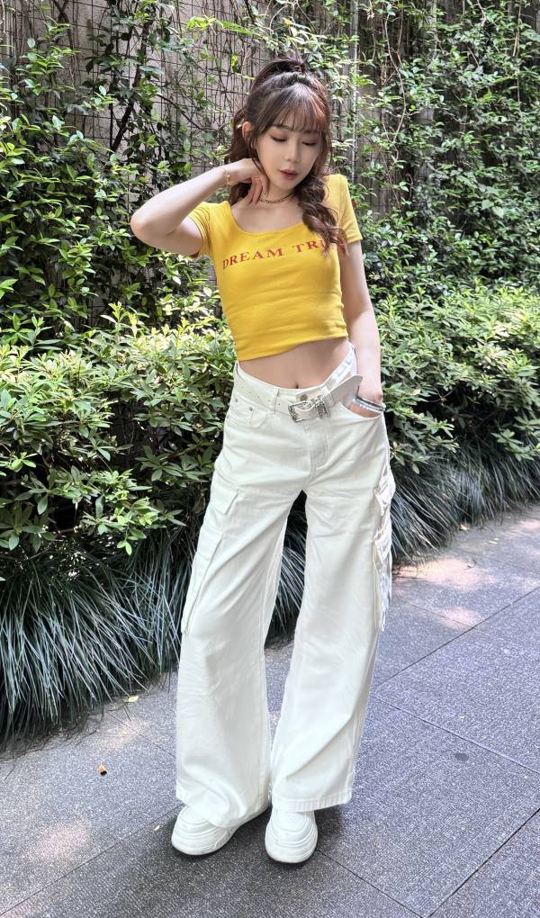 質感附腰帶大口袋工裝褲 