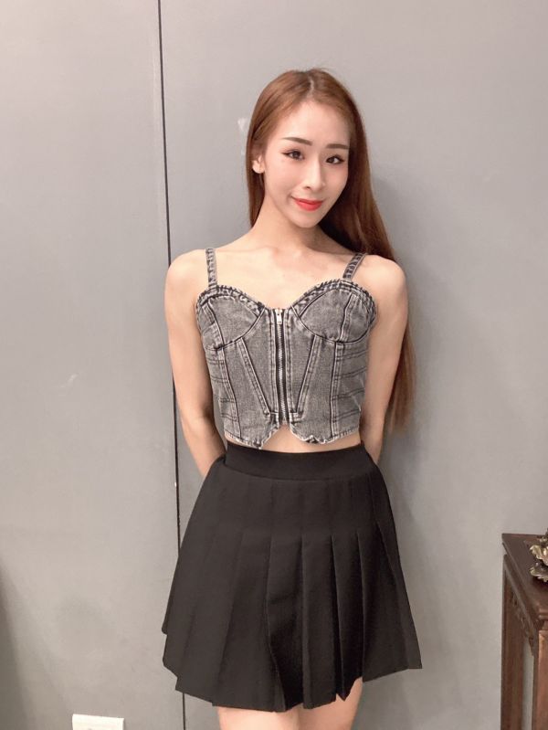 牛仔拉鍊短版背心 