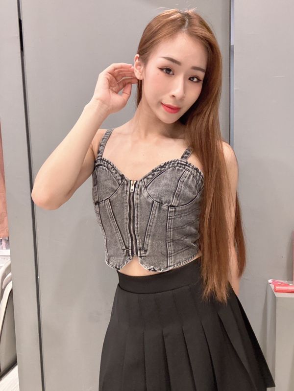 牛仔拉鍊短版背心 