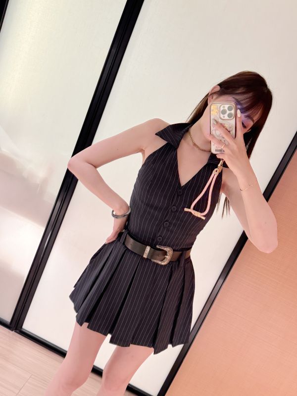 質感襯衫掛脖條紋洋裝（附腰帶） 