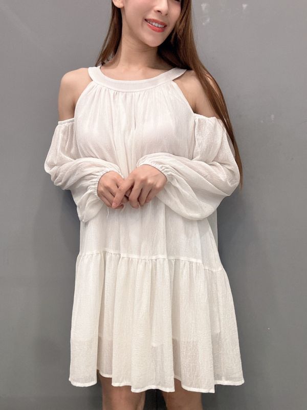 削肩斷袖雪紡洋 