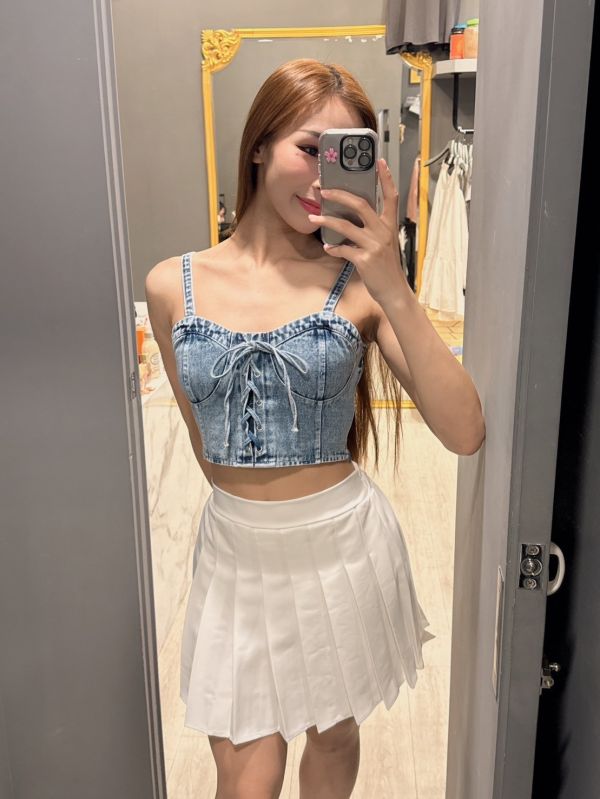 牛仔綁帶短版背心 