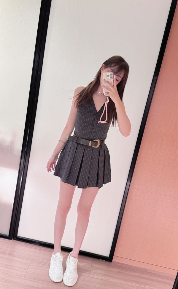 質感襯衫掛脖條紋洋裝（附腰帶） 