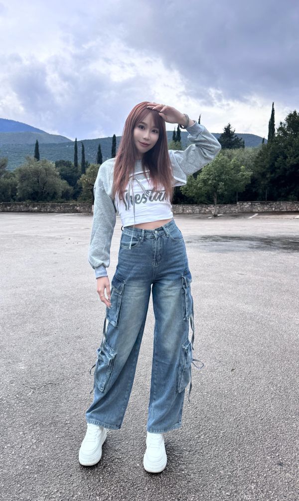 大口袋綁帶直筒工裝牛仔褲 