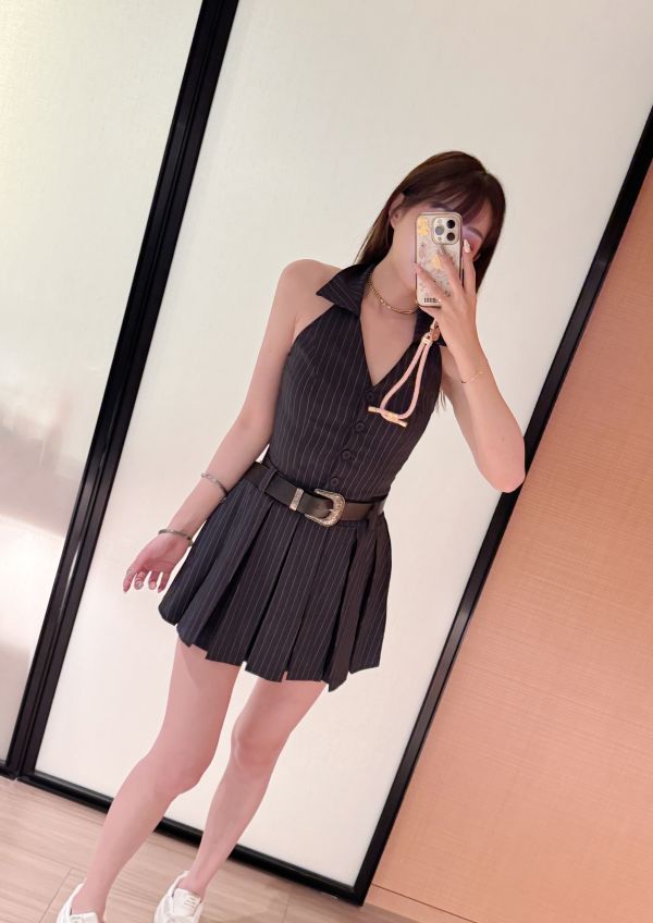 質感襯衫掛脖條紋洋裝（附腰帶） 