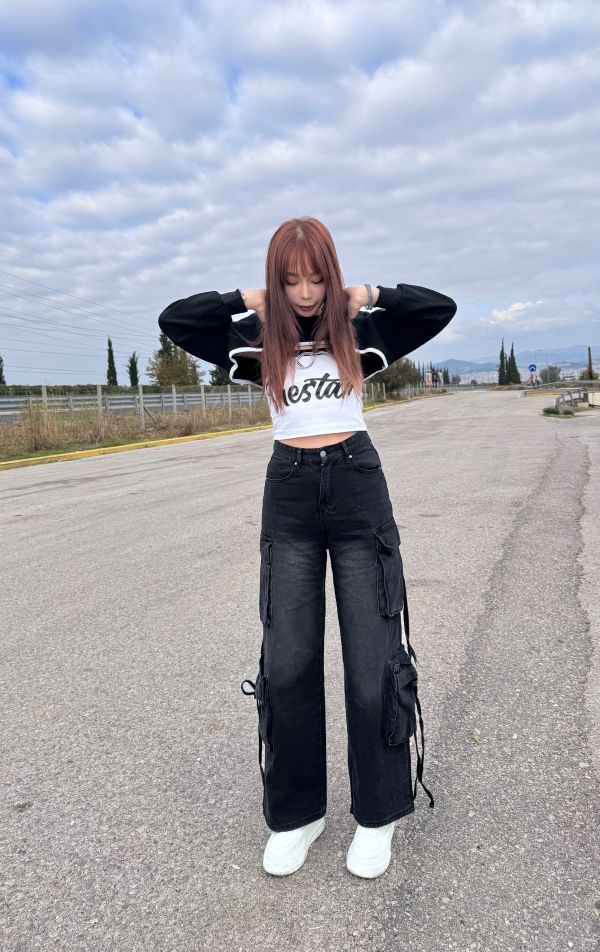 大口袋綁帶直筒工裝牛仔褲 