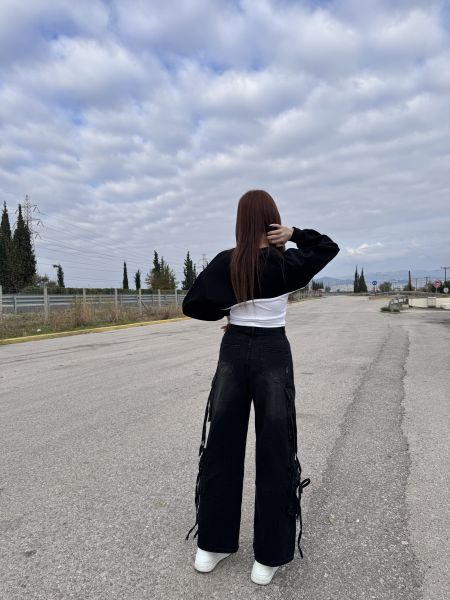 大口袋綁帶直筒工裝牛仔褲 