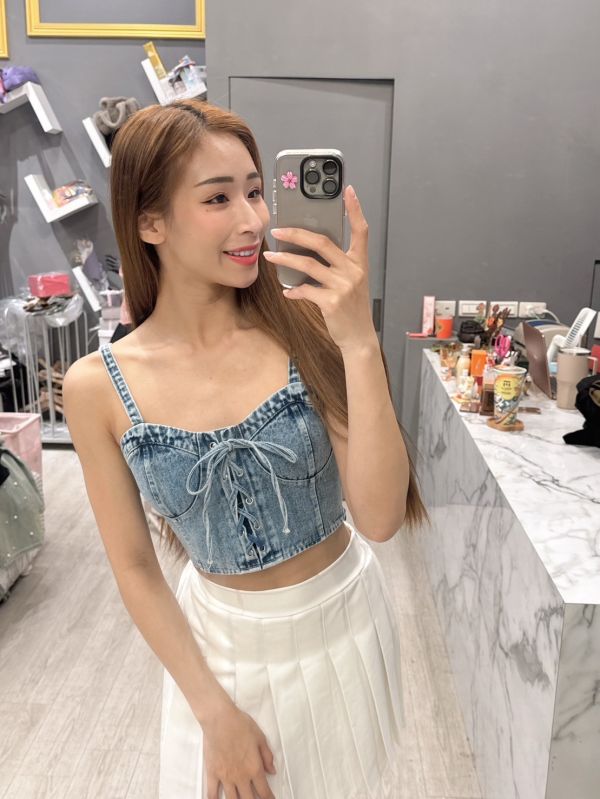 牛仔綁帶短版背心 