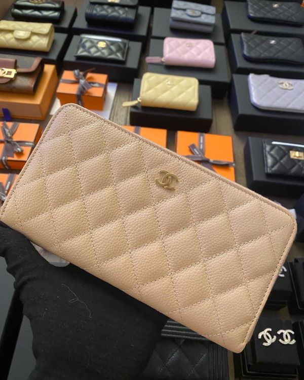 CHANEL 奶茶金釦長夾 精品代購,chanel