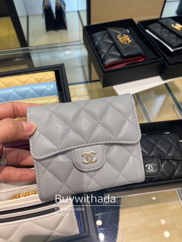 CHANEL CF 冰川灰 淡金荔枝皮 三折短夾 buywithada,france,全球代購,歐洲,exquisite,quality goods,posh,fancy,luxurious