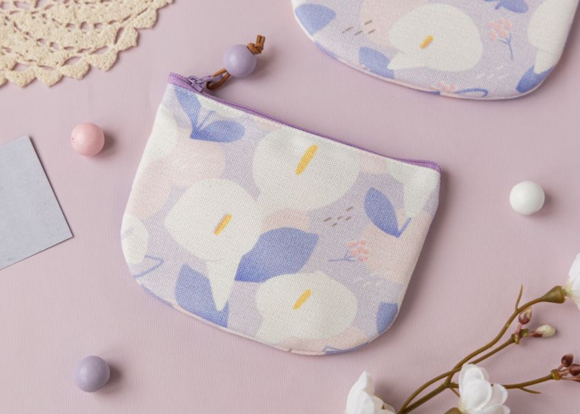 【海芋-粉紫-圓底零錢包】卡片收納 / 小物包 Round bottom coin purse 小錢包,零錢包,鑰匙包,小物袋,隨身包袋,原創印花,牽牛花,禮物,婚禮小物