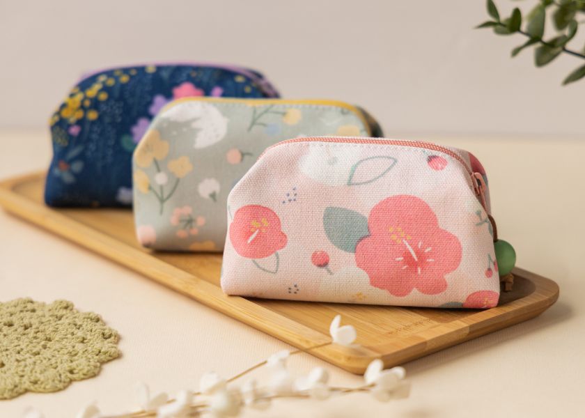 【朱槿-方塊酥包】大開口 / 小物收納 Small square pouch 小錢包,零錢包,鑰匙包,小物袋,隨身包袋,原創印花,牽牛花,禮物,婚禮小物