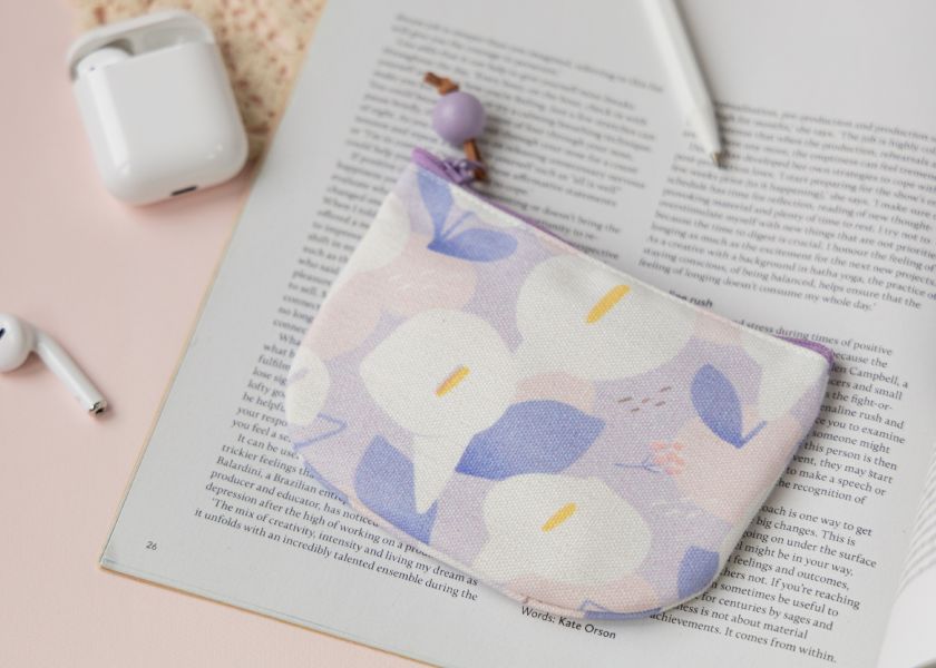 【海芋-粉紫-圓底零錢包】卡片收納 / 小物包 Round bottom coin purse 小錢包,零錢包,鑰匙包,小物袋,隨身包袋,原創印花,牽牛花,禮物,婚禮小物