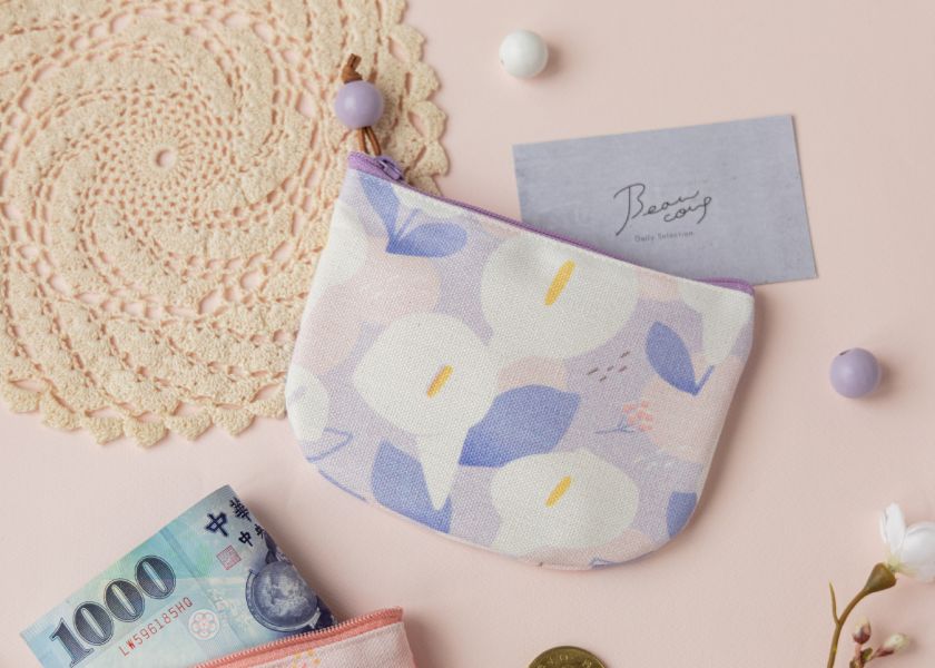 【海芋-粉紫-圓底零錢包】卡片收納 / 小物包 Round bottom coin purse 小錢包,零錢包,鑰匙包,小物袋,隨身包袋,原創印花,牽牛花,禮物,婚禮小物