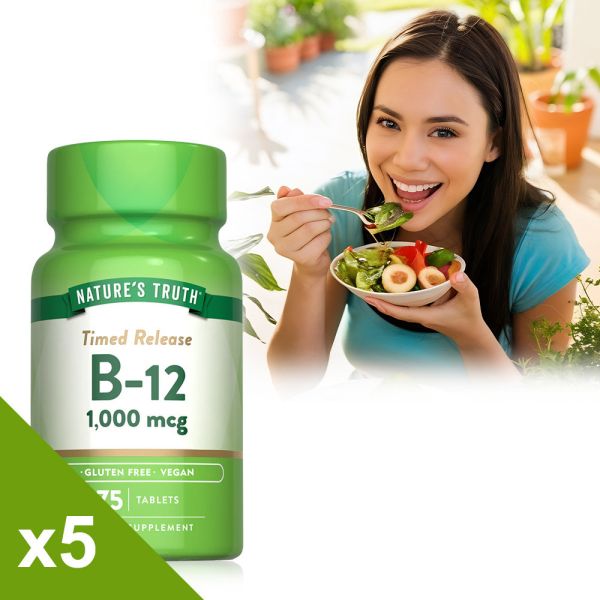 綠萃淨 緩釋型維生素B12 1000mcg錠x5瓶組(共375錠) B12,神經系統,紅血球形成