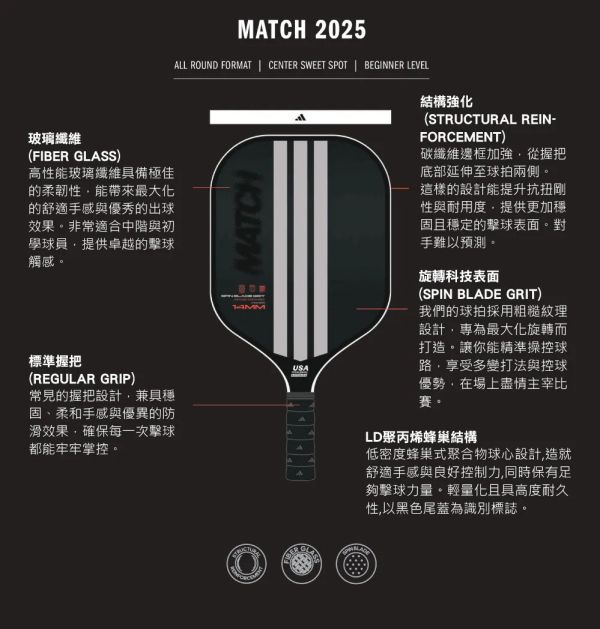 Adidas Match paddle 匹克球拍 國際認證 玻璃纖維 基本款 舒適穩定 adidas
匹克球拍
匹克球