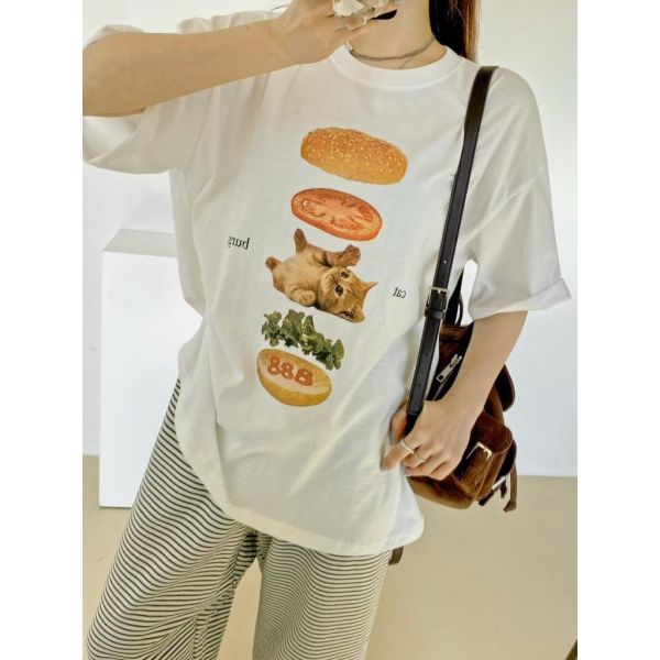 ZinD [ 貓咪漢堡圖案棉Ｔ ] 3色 2502052 shihslica ZinD,zind,ZD,zooindrawer,zoo in drawer,抽屜動物園,丹寧,牛仔外套,外套富翁,洋裝,韓國襪子,年終慶,雙11,雙12,黑五,週年慶,合購價,自訂款