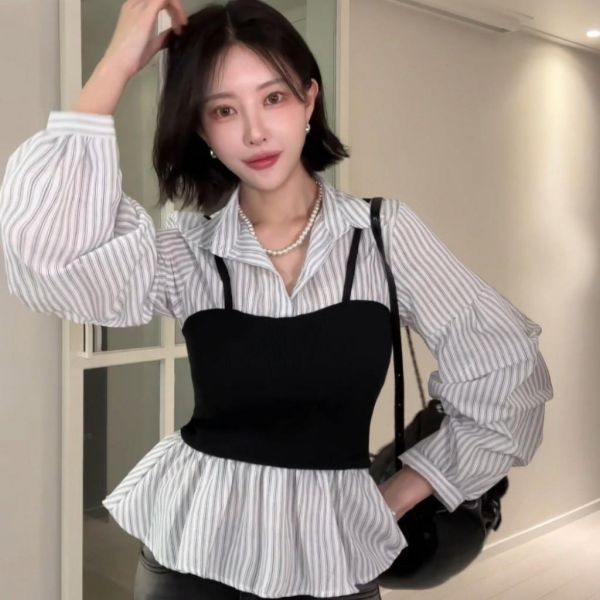 ZinD [ 假兩件小甜心折袖細肩造型衫 ] 2色 2602241 ZinD,zind,ZD,zooindrawer,zoo in抽屜,抽屜動物園,丹寧,裙子裙子,裙子富翁,洋裝,襪子,年終慶,雙11,雙12,黑五,週年慶,春裝