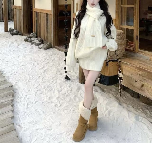 ZinD [ 套裝3件組：粗針寬毛衣+短裙+圍巾 ] 3色 2512221 ZinD,zind,ZD,zooindrawer,zoo in drawer,抽屜動物園,丹寧,牛仔外套,外套富翁,洋裝,韓國襪子,年終慶,雙11,雙12,黑五,週年慶,合購價,自訂款