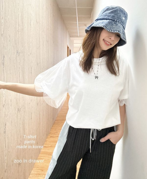 Z in D [ 家蓁/Mei穿著款：薄紗拼袖珍珠領微甜上衣 ] 2色 2504044b （shihslica) ZinD,zind,ZD,zooindrawer,zoo in drawer,抽屜動物園,丹寧,牛仔外套,外套富翁