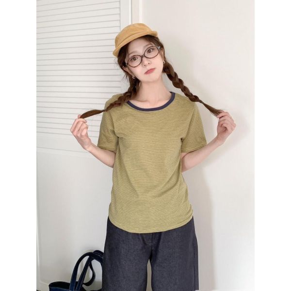 ZinD [ 配色滾領邊細條紋Ｔ ] 4色 2603201 shihslica ZinD,zind,ZD,zooindrawer,zoo in 抽屜,抽屜動物園,丹寧,裙子,裙子富翁,洋裝,韓國襪子,年終慶,雙11,雙12,黑五,合購價,自訂,春裝,Tshirt