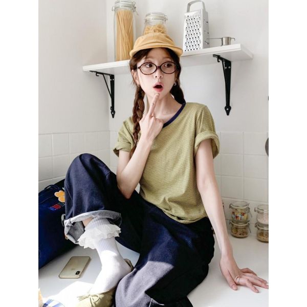 ZinD [ 配色滾領邊細條紋Ｔ ] 4色 2603201 shihslica ZinD,zind,ZD,zooindrawer,zoo in 抽屜,抽屜動物園,丹寧,裙子,裙子富翁,洋裝,韓國襪子,年終慶,雙11,雙12,黑五,合購價,自訂,春裝,Tshirt