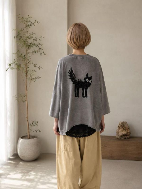 ZinD [ SALE 驚嚇貓咪寬袖質感棉Ｔ ] 4色 2609082 ZinD,zind,ZD,zooindrawer,zoo in 抽屜,動物園,丹寧,外套,外套富翁,洋裝,韓國襪子,年終慶,雙11,雙12,黑五,百搭,合購價,自訂,春裝,Tshirt,首爾