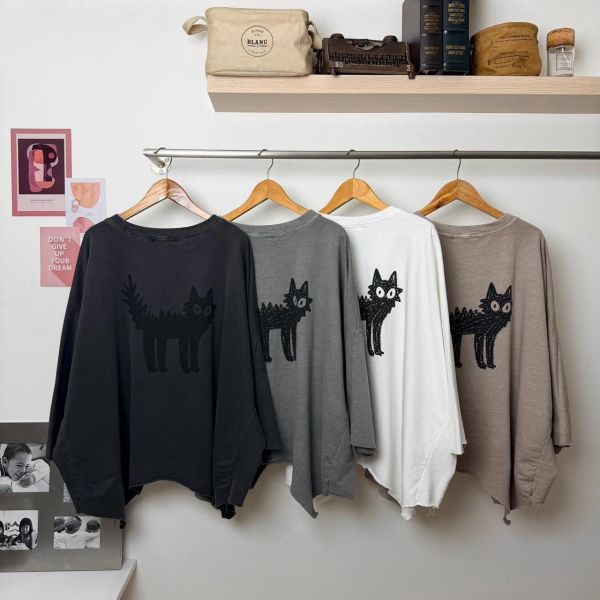 ZinD [ SALE 驚嚇貓咪寬袖質感棉Ｔ ] 4色 2609082 ZinD,zind,ZD,zooindrawer,zoo in 抽屜,動物園,丹寧,外套,外套富翁,洋裝,韓國襪子,年終慶,雙11,雙12,黑五,百搭,合購價,自訂,春裝,Tshirt,首爾