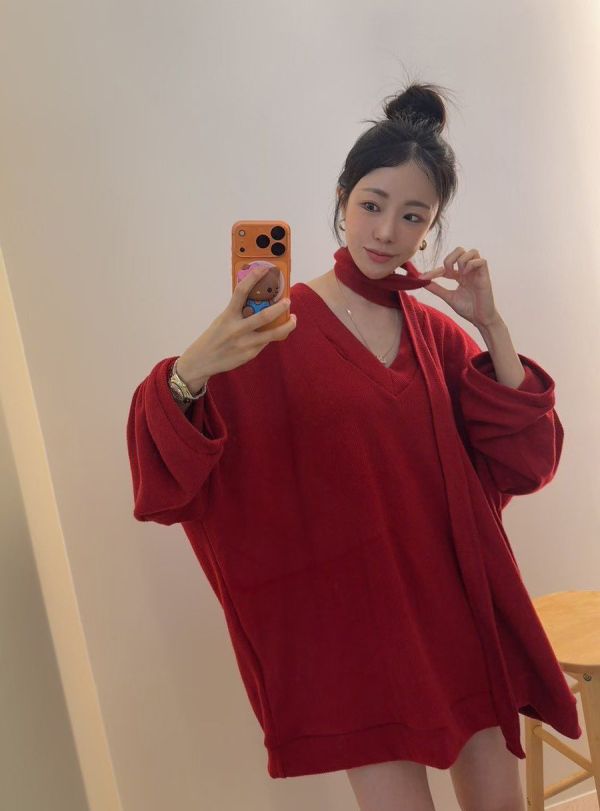 ZinD [ 大Ｖ領穿帶領巾寬袖針織 ] 2色 2512042 ZinD,zind,ZD,zooindrawer,zoo in drawer,抽屜動物園,丹寧,牛仔外套,外套富翁,洋裝,韓國襪子