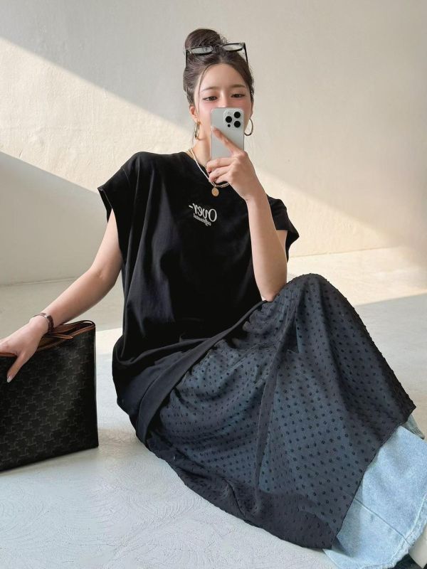 ZinD [ 裙襬米點透紗拼接連身Ｔ ] 2色 2603271 shihslica ZinD,zind,ZD,zooindrawer,zoo in 抽屜,抽屜動物園,丹寧,裙子,裙子富翁,洋裝,韓國襪子,年終慶,雙11,雙12,黑五,永恆慶,合購價,自訂,春裝