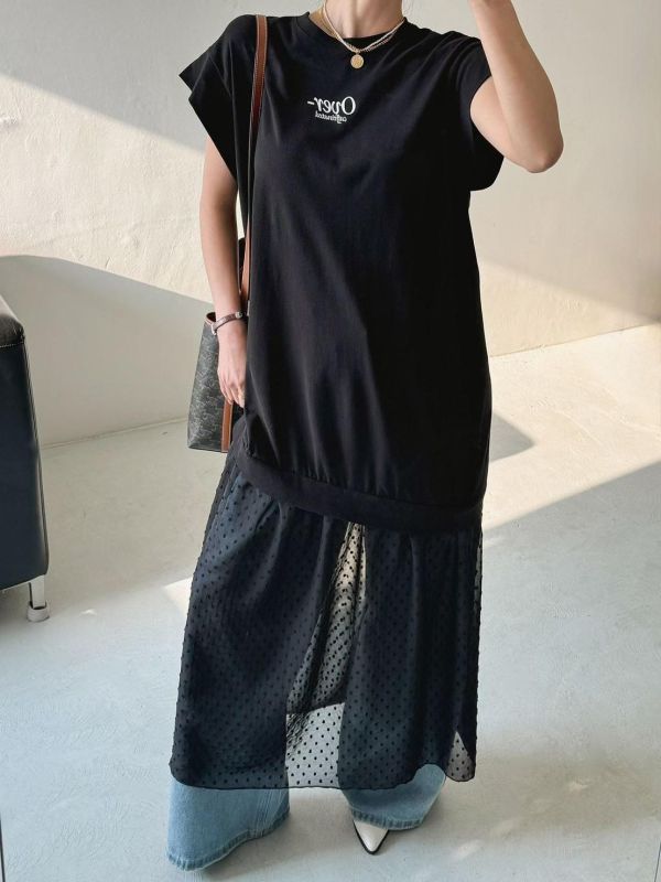 ZinD [ 裙襬米點透紗拼接連身Ｔ ] 2色 2603271 shihslica ZinD,zind,ZD,zooindrawer,zoo in 抽屜,抽屜動物園,丹寧,裙子,裙子富翁,洋裝,韓國襪子,年終慶,雙11,雙12,黑五,永恆慶,合購價,自訂,春裝