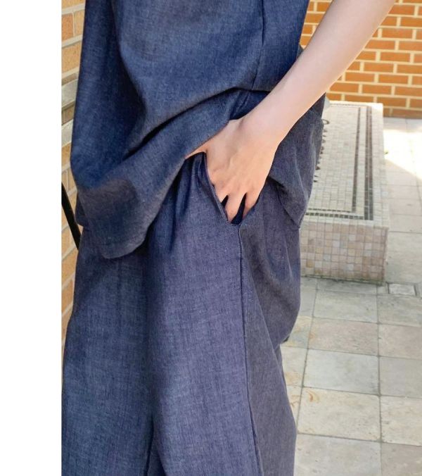 Z in D [ 三件組：口袋繫繩＋背心＋寬褲 氣質丹寧套裝 ] 深藍 2507212 (shihslica) ZinD,zind,ZD,zooindrawer,zoo in drawer,抽屜動物園,丹寧,牛仔外套,外套富翁,洋裝