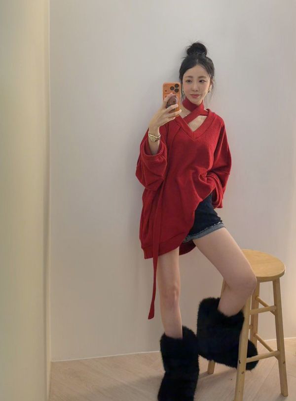 ZinD [ 大Ｖ領穿帶領巾寬袖針織 ] 2色 2512042 ZinD,zind,ZD,zooindrawer,zoo in drawer,抽屜動物園,丹寧,牛仔外套,外套富翁,洋裝,韓國襪子