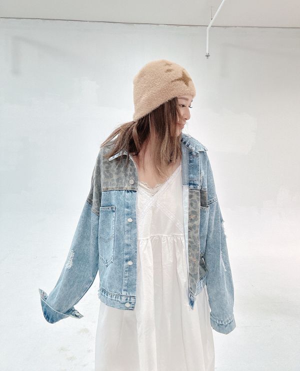 Z in D [ 豹紋拼接口袋單寧外套 ] 2510071 (shihslca) ZinD,zind,ZD,zooindrawer,zoo in drawer,抽屜動物園,丹寧,牛仔外套,外套富翁,洋裝