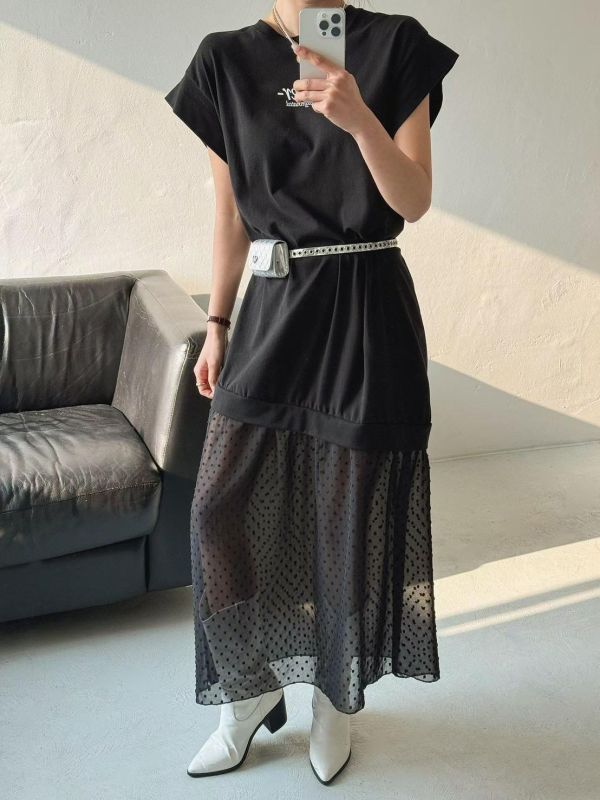 ZinD [ 裙襬米點透紗拼接連身Ｔ ] 2色 2603271 shihslica ZinD,zind,ZD,zooindrawer,zoo in 抽屜,抽屜動物園,丹寧,裙子,裙子富翁,洋裝,韓國襪子,年終慶,雙11,雙12,黑五,永恆慶,合購價,自訂,春裝