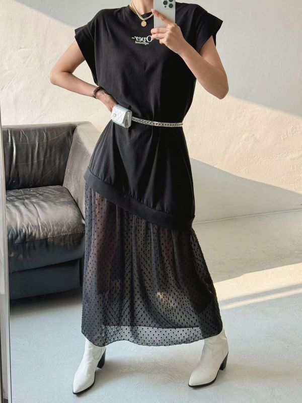 ZinD [ 裙襬米點透紗拼接連身Ｔ ] 2色 2603271 shihslica ZinD,zind,ZD,zooindrawer,zoo in 抽屜,抽屜動物園,丹寧,裙子,裙子富翁,洋裝,韓國襪子,年終慶,雙11,雙12,黑五,永恆慶,合購價,自訂,春裝