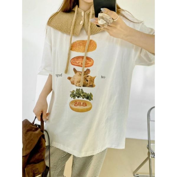 ZinD [ 貓咪漢堡圖案棉Ｔ ] 3色 2502052 shihslica ZinD,zind,ZD,zooindrawer,zoo in drawer,抽屜動物園,丹寧,牛仔外套,外套富翁,洋裝,韓國襪子,年終慶,雙11,雙12,黑五,週年慶,合購價,自訂款