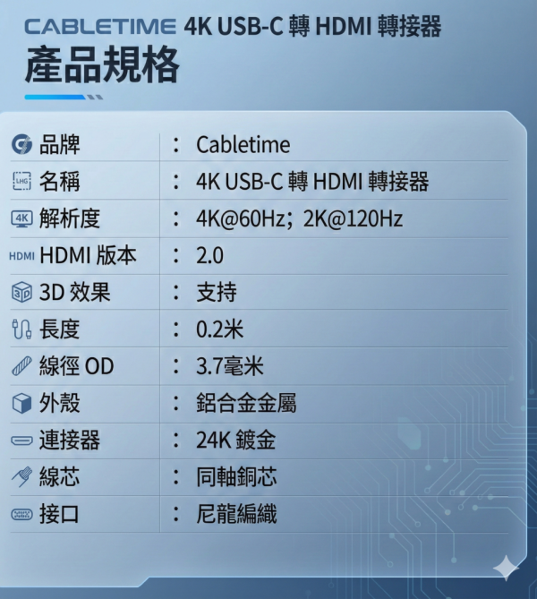 [CABLETIME] 4K60Hz TYPE-C公對HDMI母 轉接頭 