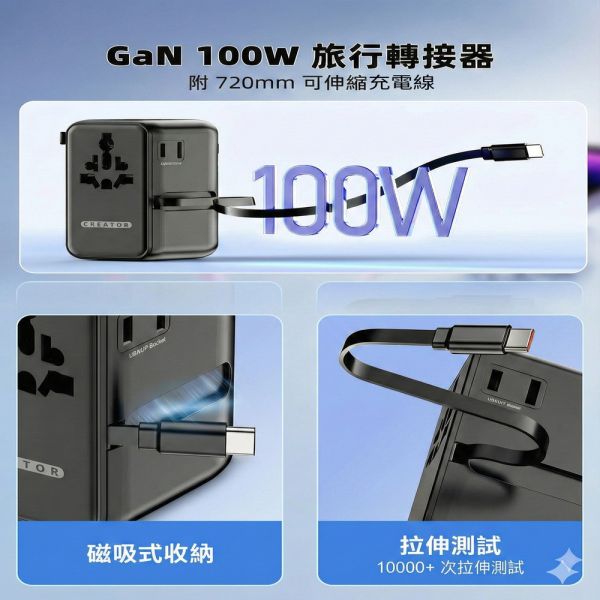 【CREATOR】100W旅行萬用轉接頭(PD快充 氮化鎵 一年保固) 旅行轉接頭、萬用轉接頭、100W快充、伸縮充電線、雙AC插座、USB充電器、Type-C快充、旅遊充電器、全球轉接頭、出國轉接頭、旅行充電器、多孔快充轉接器