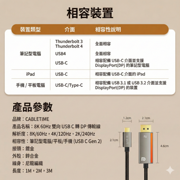 [CABLETIME] 8K60Hz TYPE-C TO DP 影音傳輸線 