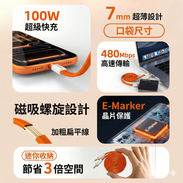 [CABLETIME] 100W TYPE-C 磁吸充電線 