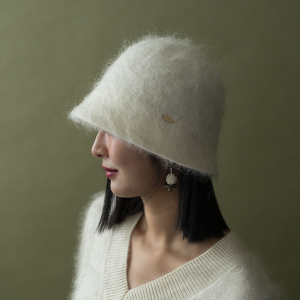 質感毛茸茸羊駝毛漁夫帽-雪白 質感女帽,設計師女帽,法式女帽