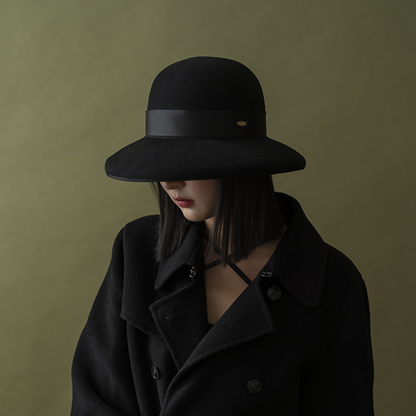 法式圓頂帽簷包邊復古感羊毛淑女帽-黑色 質感女帽,設計師女帽,法式女帽