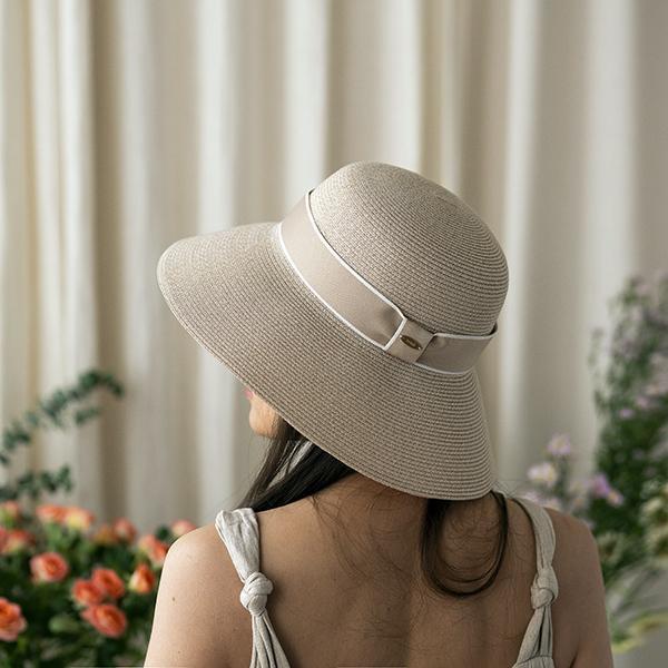 氣質雙色緞帶草編帽-奶茶色 質感女帽,設計師女帽,法式女帽