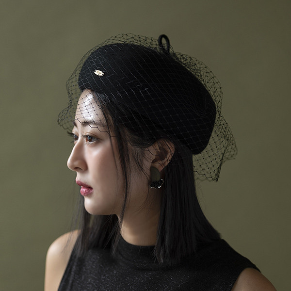 復古挺版網紗羊毛貝蕾帽-黑色 質感女帽,設計師女帽,法式女帽